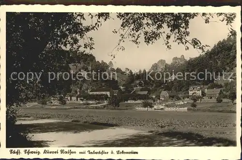 Rathen Saechsische Schweiz mit Talwaechter und Lokomotive Felsen Elbsandsteingebirge Buetten Kat. Rathen Sachsen