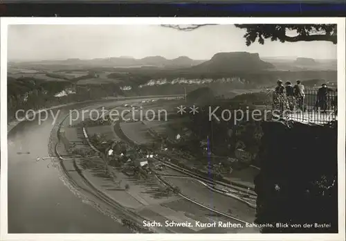 Rathen Saechsische Schweiz Elbe Bahnseite Blick von der Bastei Kat. Rathen Sachsen