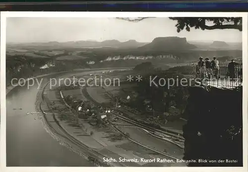 Rathen Saechsische Schweiz Elbe Bahnseite Blick von der Bastei Kat. Rathen Sachsen