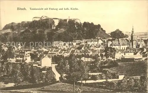 Bitsch Lothringen Totalansicht mit Festung und kath Kirche Kat. Bitche