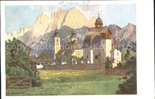 St Johann Tirol Antoniuskapelle und Pfarrkirche Wilder Kaiser Kuenstlerkarte Kat. St. Johann in Tirol