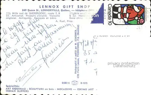 Quebec Lennox Gift Shop Kat. Quebec