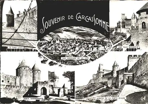 Carcassonne Pont Levis Tour Porte Remparts vue aerienne de la Cite Kat. Carcassonne