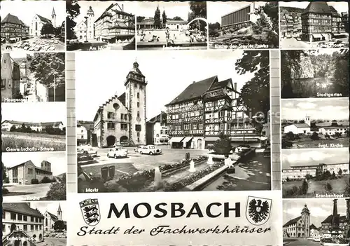 Mosbach Baden Markt Freibad Kirche Schloss Stadtgarten Ev Kirche Gewerkschaftsschule Kath Kirche Markt Krankenhaus Rathaustreppe Dorfbrunnen / Mosbach /Neckar-Odenwald-Kreis LKR