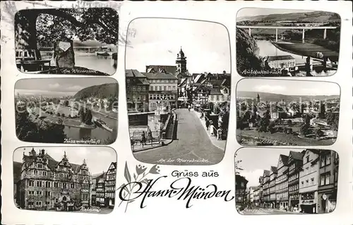 Hann. Muenden Weserstein Werrabruecke Autobahnbruecke Rathaus Stadtblick Lange Strasse Kat. Hann. Muenden