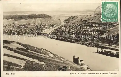 Bingen Rhein Blick von der Rossel mit Maeuseturm und Ruine Ehrenfels Kat. Bingen am Rhein