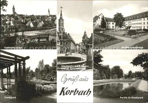 Korbach Gesamtansicht Stadtkrankenhaus Stadtpark Stechbahn mit Rathaus und St Kilianskirche Stadtpark Teich Kat. Korbach