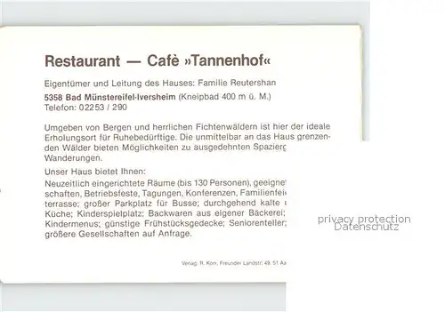 Muenstereifel Bad Restaurant Cafe Tannenhof Kat. Bad Muenstereifel