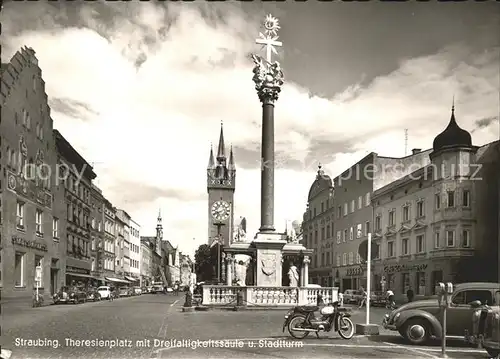 Straubing Theresienplatz mit Dreifaltigkeistsaeule Stadtturm Kat. Straubing