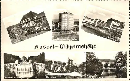 Wilhelmshoehe Kassel Rathaus Hochhaus am Staendeplatz Herkules mit Kaskaden Loewenburg Schloss Stadhalle Kat. Kassel