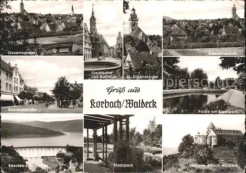 Korbach Gesamtansicht Bahnhofstr Stechbahn Rathaus St Kilianskirche Stadtpark Edersee Sperrmauer Schloss Waldeck Kat. Korbach