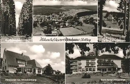 Neuhaus Solling Waldschneise Fliegeraufnahme Forsthaus Lakenhaus Pensionen am Maedchenberg Park Hotel Duesterdiek Kat. Holzminden