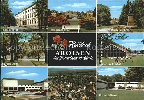 Bad Arolsen Schlosshotel Residenzschloss Kaiser Wilhelm Denkmal Grosse Allee Hallen und Freibad Buergerhaus Fliegeraufnahme Kurmittelhaus Kat. Bad Arolsen