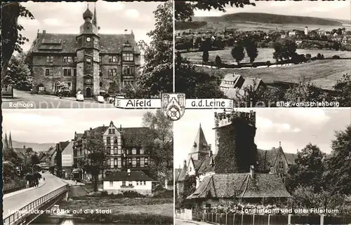 Alfeld Leine Rathaus Bick vom Schlehberg Leinebruecke Stadtblick Landratsamt und alter Fillerturm Kat. Alfeld (Leine)