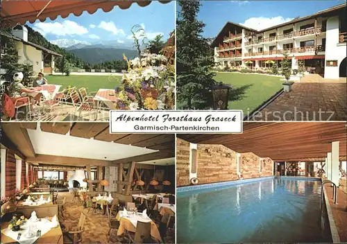 Garmisch Partenkirchen Alpenhotel Forsthaus Graseck Terrasse Gastraum Hallenbad Kat. Garmisch Partenkirchen