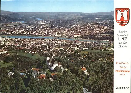 Linz Donau mit Wallfahrtskirche Poestlingberg Fliegeraufnahme Kat. Linz