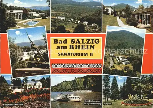 Bad Salzig Sanatorium Swimmingpool Panorama Fliegeraufnahme Badehaus Trinkhalle Burg Liebenstein und Sterrenberg Kurpark Kat. Boppard