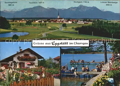Eggstaett Oberbayern mit Hochfelln und Hochgern Blumenschmuck Strandbad am Hartsee / Eggstaett /Rosenheim LKR