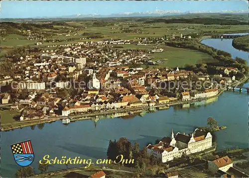 Schaerding mit Hoellengebirge und Kloster Neuhaus Fliegeraufnahme Kat. Schaerding