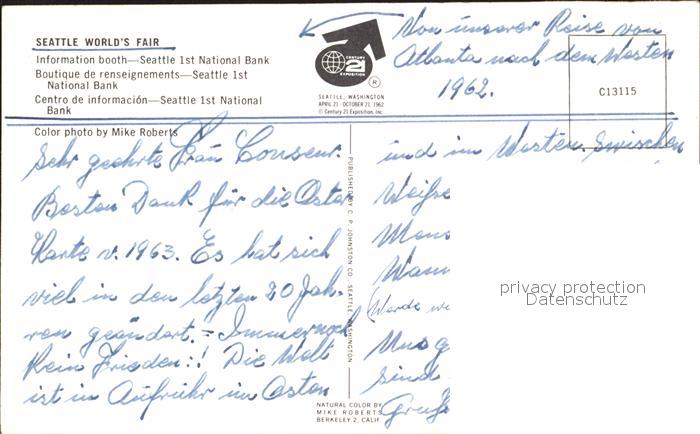 Seattle Worlds Fair 62 Seattle 1st National Bank Kat Seattle Nr Kg20945 Oldthing Ansichtskarten Washington