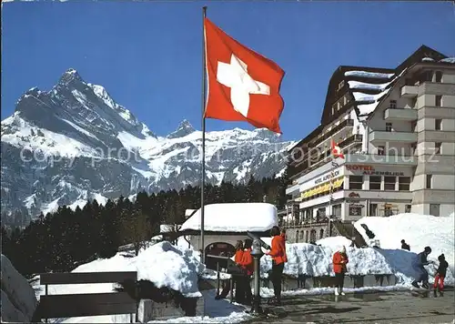 Braunwald GL Hotel Alpenblick Bahnhofterrasse Ortstock Hoher Turm Schweizer Flagge Kat. Braunwald