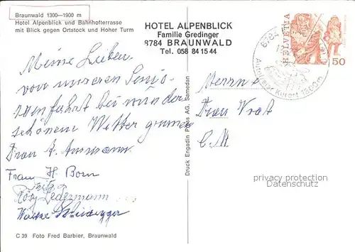 Braunwald GL Hotel Alpenblick Bahnhofterrasse Ortstock Hoher Turm Schweizer Flagge Kat. Braunwald