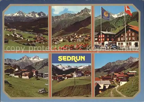 Sedrun mit Surrein Zarcuns und Bugnei Alpenpanorama Flaggen Kat. Sedrun