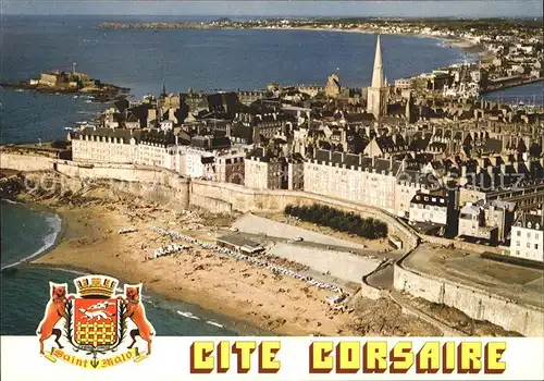 Saint Malo Ille et Vilaine Bretagne Cite Corsaire Plage de Bon Secours et la ville intra muros vue aerienne Kat. Saint Malo