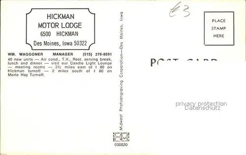 Des Moines Iowa Hickman Motor Lodge  Kat. Des Moines