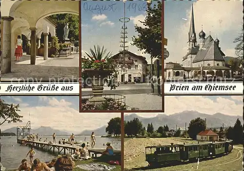 Prien Chiemsee Marktbrunnen Maibaum Ortskirche Schwimmbad Kat. Prien a.Chiemsee