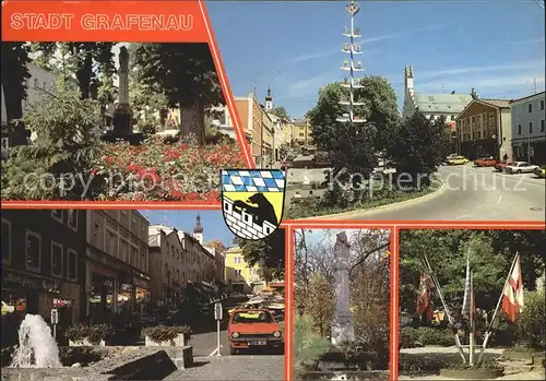 Grafenau Niederbayern Park Ortansicht Maibaum Strassenpartie Denkmal Fahnen Kat. Grafenau