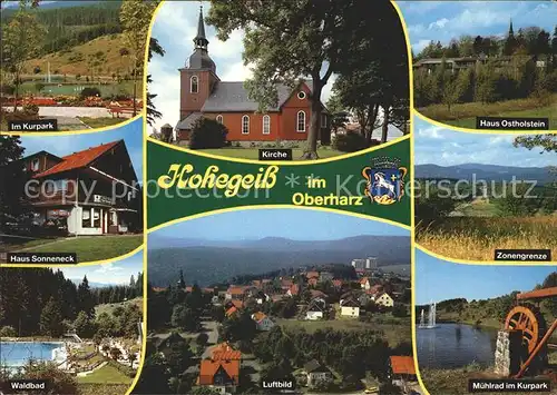 Hohegeiss Harz Kurpark Kirche Haus Ostholstein Haus Sonneneck Zonengrenze Waldbad Fliegeraufnahme Muehlrad Kat. Braunlage