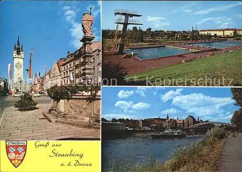 Straubing Marktplatz Brunnen Stadtturm Schwimmbad Uferpromenade Donau Kat. Straubing