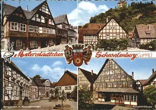 Schwalenberg Rathaus Burg Fachwerkhaeuser Berggarten Rolandbrunnen Kuenstlerklause Wappen Malerstadt Kat. Schieder Schwalenberg