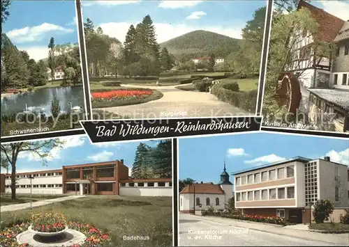 Reinhardshausen Schwanenteich Kurgarten Kurheim Alte Muehle Wasserrad Sanatorium Kirche Badehaus Kat. Bad Wildungen