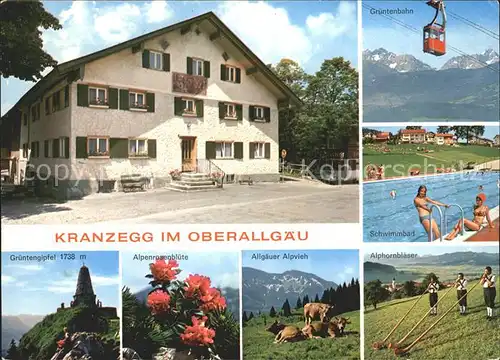 Kranzegg Haus Geiss Schwimmbad Alphornblaeser Alpvieh Alpenrosenbluete Gruentengipfel Bergbahn Kat. Rettenberg