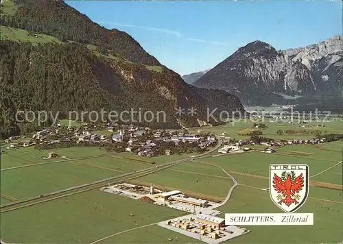Schlitters Tirol Eingang ins Zillertal Sonnwendgebirge Rofanspitze Fliegeraufnahme Kat. Schlitters