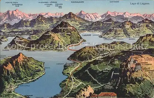Lugano TI Panoramakarte Lago di Luganon und Alpen Kat. Lugano