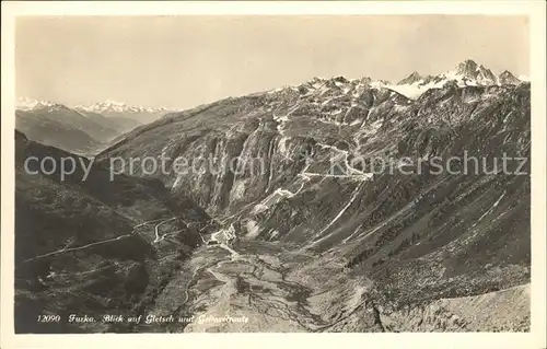 Furka Blick auf Gletsch und Grimselroute Gebirgspass Alpenpanorama Kat. Furka