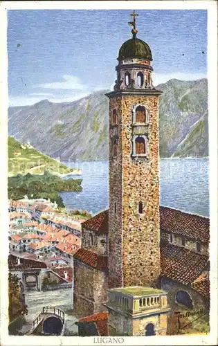 Lugano TI Kirche Luganersee Alpen Kuenstlerkarte Kat. Lugano