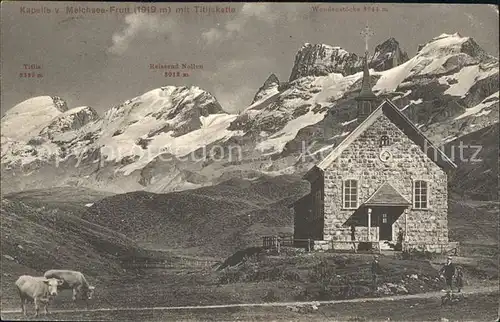 Melchsee Frutt Kapelle mit Titliskette Urner Alpen Kuehe Kat. Melchsee Frutt