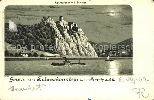 Aussig Tschechien Schreckenstein im Mondschein Elbe Kat. Usti nad Labem