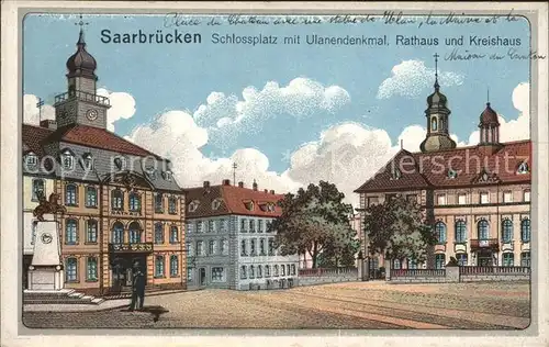 Saarbruecken Schlossplatz mit Ulanendenkmal Rathaus Kreishaus Kat. Saarbruecken