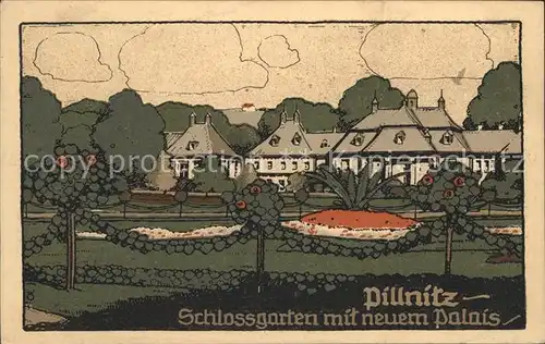 Pillnitz Schlossgarten mit neuem Palais Steinzeichnung Kuenstlerkarte Kat. Dresden