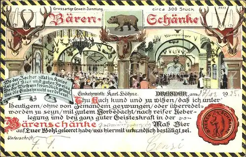 Dresden Baerenschaenke Trinkspruch Geweihe Siegel Kat. Dresden Elbe