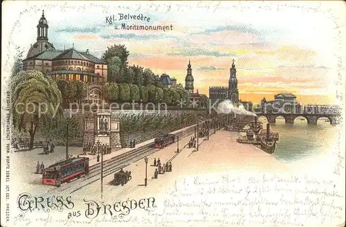 Dresden Kgl. Belvedere Moritzmonument Strassenbahn Dampfer Deutsche Reichspost Kat. Dresden Elbe