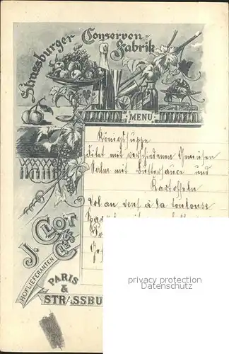 Hohkoenigsburg Haut Koenigsbourg Strassburger Conservenfabrik J. Clot & Cie Menu Kat. Orschwiller