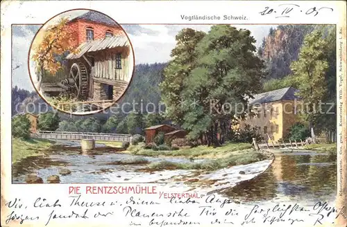 Plauen Vogtland Rentzschmuehle Elstertal Vogtlaendische Schweiz Wasserrad Kuenstlerkarte Kat. Plauen