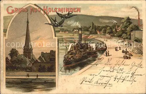 Holzminden Weser Hafen und Kirchenpartie Kat. Holzminden
