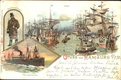 Hamburg Quartiersmann Hafenpartie Segelschiffe Dampfer Pennsylvania Kat. Hamburg